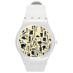 Elegant Hairdresser Pattern Cream Round Plastic Sport Watch (m) by TetiBright