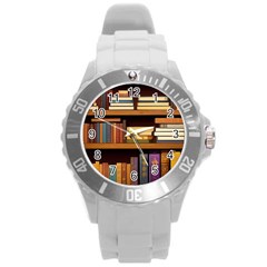 Book Nook Books Bookshelves Comfortable Cozy Literature Library Study Reading Room Fiction Entertain Round Plastic Sport Watch (l) by Maspions