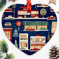 Cars Snow City Landscape Vintage Old Time Retro Pattern Ornament (heart) by Maspions