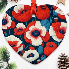 Red Poppies Flowers Art Nature Pattern Ornament (heart) by Maspions