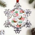 Seamless Pattern Coconut Piece Palm Leaves With Pink Hibiscus Metal Large Snowflake Ornament Front