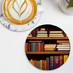 Book Nook Books Bookshelves Comfortable Cozy Literature Library Study Reading Room Fiction Entertain Uv Print Round Tile Coaster by Maspions