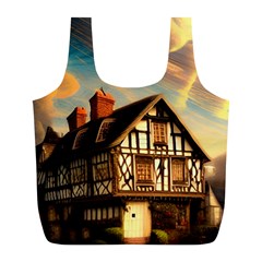 Village House Cottage Medieval Timber Tudor Split Timber Frame Architecture Town Twilight Chimney Full Print Recycle Bag (l) by Posterlux