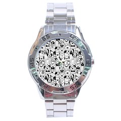 Seamless Pattern With Black White Doodle Dogs Stainless Steel Analogue Watch by Grandong