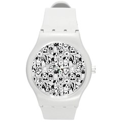 Seamless Pattern With Black White Doodle Dogs Round Plastic Sport Watch (m) by Grandong