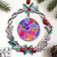 Pink And Blue Floral Metal X mas Wreath Holly Leaf Ornament by Sparkle