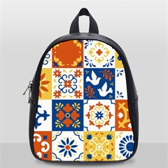 Mexican Talavera Pattern Ceramic Tiles With Flower Leaves Bird Ornaments Traditional Majolica Style School Bag (small) by Ket1n9