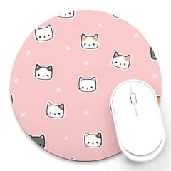 Cute Cat Cartoon Doodle Seamless Pink Pattern Round Mousepad by Grandong