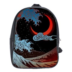 Night In The Ocean Red Waves Art Moon Dark Japanese Wave School Bag (xl) by Perong