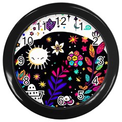 Rainbow Fun Cute Minimal Doodle Wall Clock (black) by Bedest