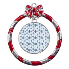 Snowflakes Winter Christmas Metal Red Ribbon Round Ornament by anzea