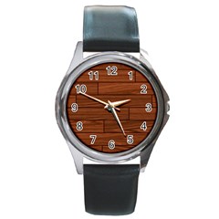 Seamless Wooden Planks Brown Wooden Background Round Metal Watch by kyorashop23