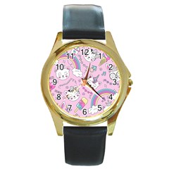 Beautiful Cute Animals Pattern Pink Round Gold Metal Watch by Grandong