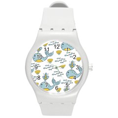 Whale Cartoon Whale Seamless Cartoon Character Animals Leaf Round Plastic Sport Watch (m) by Grandong