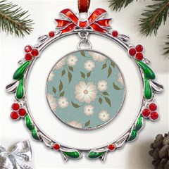 Flora Floral Flower Flowers Pattern Metal X mas Wreath Ribbon Ornament by Apenda