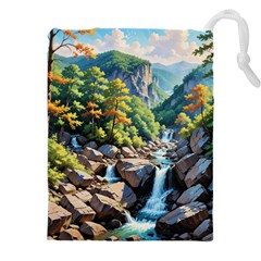 Serene Mountain Waterfall Landscape Drawstring Pouch (4xl) by ExtraAwesomeSauce