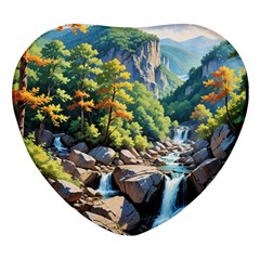 Serene Mountain Waterfall Landscape Heart Glass Fridge Magnet (4 Pack) by ExtraGoodSauce