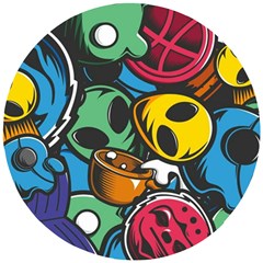 Funky Alien Pattern Abstract Colourful Drawing Wooden Puzzle Round by Posterlux