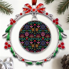 Mexican Folk Art Seamless Pattern Colorful Metal X mas Wreath Ribbon Ornament by Paksenen