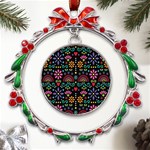 Mexican Folk Art Seamless Pattern Colorful Metal X mas Wreath Ribbon Ornament Front