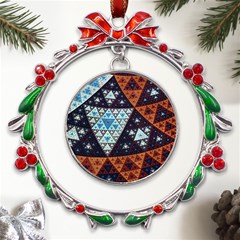 Fractal Triangle Geometric Abstract Pattern Metal X mas Wreath Ribbon Ornament by Cemarart