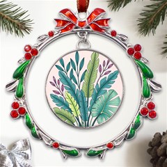 Illustrations Plants Nature Leaves Metal X mas Wreath Ribbon Ornament by Salmanaz77