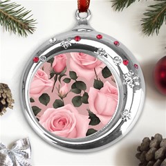 Pink Roses Metal Snowflake Red Crystal Round Ornament by pollyparadiseartshop