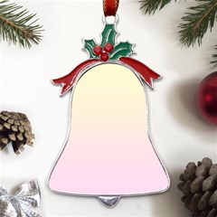 Cream Yellow To Pink Lace Linear Gradient Metal Holly Leaf Bell Ornament by GradientsOmbre