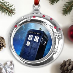 Tardis Doctor Who Space Blue Metal Snowflake Red Crystal Round Ornament by Cemarart