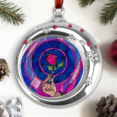 Enchanted Rose Stained Glass Metal Snowflake Red Crystal Round Ornament by Cemarart