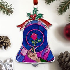 Enchanted Rose Stained Glass Metal Holly Leaf Bell Ornament by Cemarart